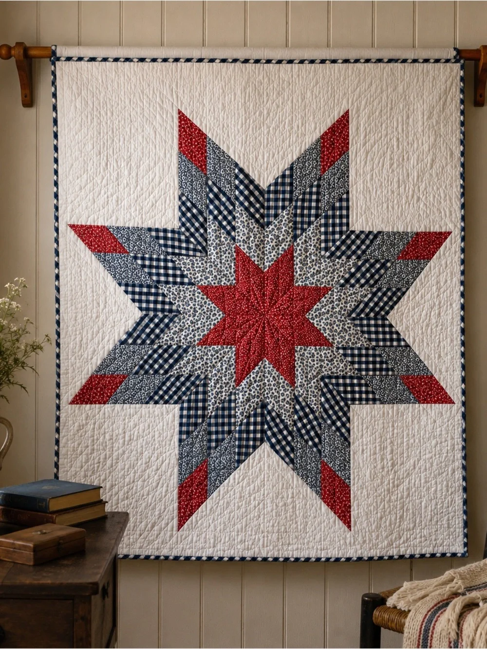 VTG Cracker Barrel Lone Star Quilt Throw 50x60 Americana Hand Quilted Cotton